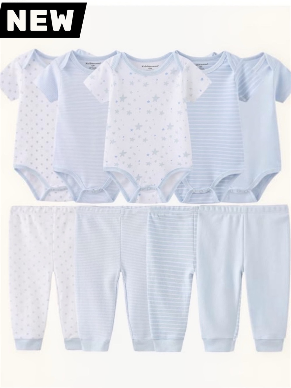 Kiddiezoom Baby Layette Set Baby Boys' 9-Piece Bodysuits Pants Sets, 0-3 mo